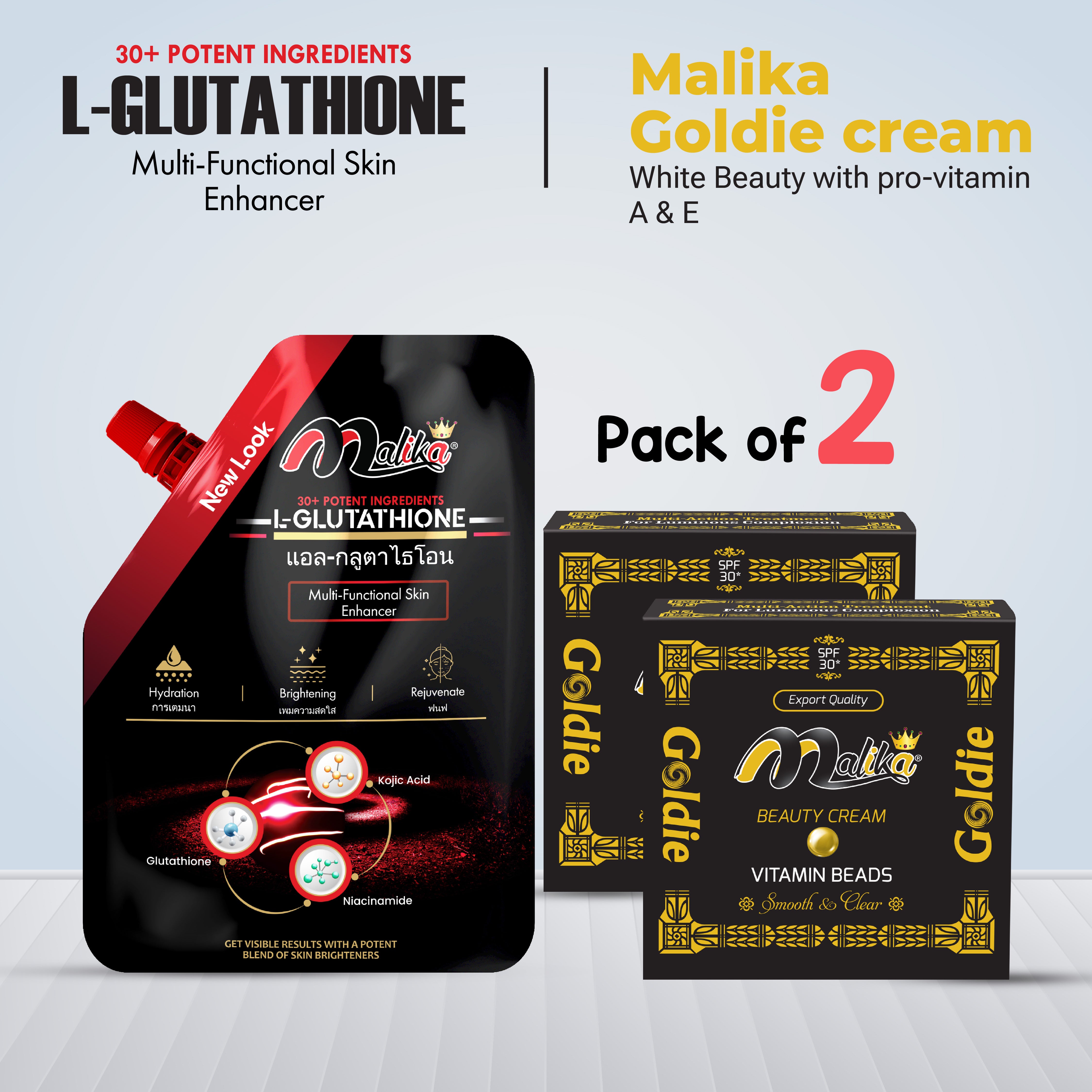 Malika L-Glutathione Extreme Strong Brightening Emulsion 50ml With Malika Goldie Cream (Pack of 2)